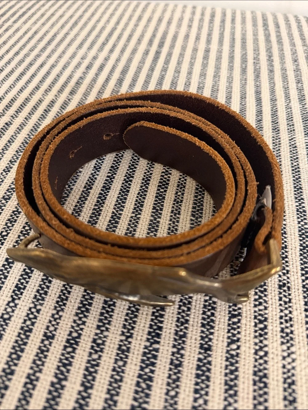 J Crew co. Vintage NYC Brown Leather Men's Belt with Whale Brass Buckle- medium